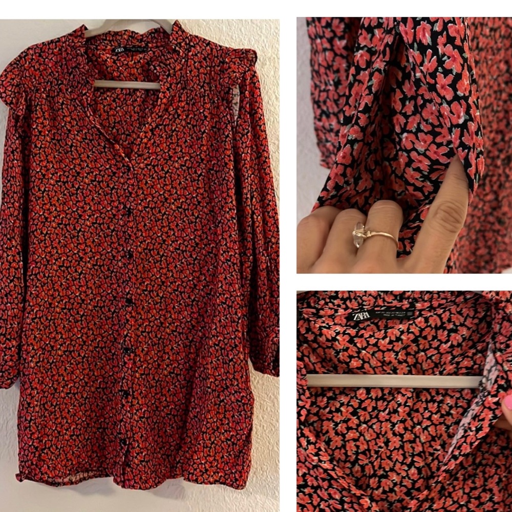 Zara floral print ruffles shirt dress with pockets size X small linen rayon